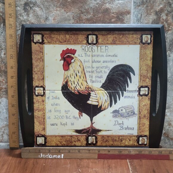 Ceramic Trivet Tile Chicken Rooster Serving Tray Cut Out Handles Wood Base Farmh - Picture 8 of 12